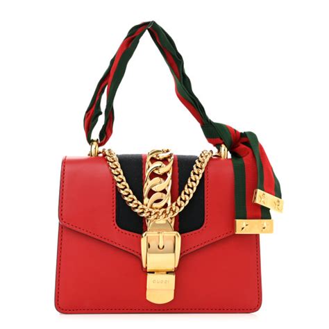 GUCCI Calfskin Mini Sylvie Chain Shoulder Bag Hibiscus Red 